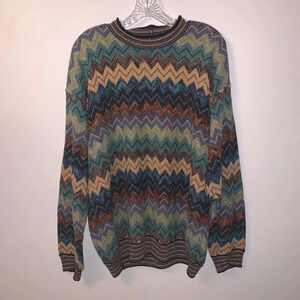 Vintage Cotton Linen Chevron  Print Multicolour Crewneck L